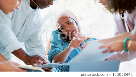 Phone call, chaos and muslim woman with multitasking stress, workload or burnout in office by busy team. Management, anxiety and female manager overwhelmed by compliance, question or deadline fail 133038443