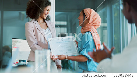 Award, winner or clapping for business woman with people in celebration of success or achievement. Event, motivation or applause of crowd to praise a happy employee with goal, certificate or reward Award, winner or clapping for business woman with people in celebration of success or achievement. Event, motivation or applause of crowd to praise a happy employee with goal, certificate or reward 133038445