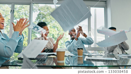 Teamwork, celebration and paperwork in air, meeting and success on deal, collaboration or happy staff. Office, goals and business people cheering with pride for winning achievement and documents 133038458