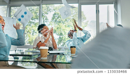Team, celebration and documents in meeting with success on deal, collaboration or applause for happy staff. Office, goals and business people cheering with pride for winning achievement and paperwork Team, celebration and documents in meeting with success on deal, collaboration or applause for happy staff. Office, goals and business people cheering with pride for winning achievement and paperwork 133038466
