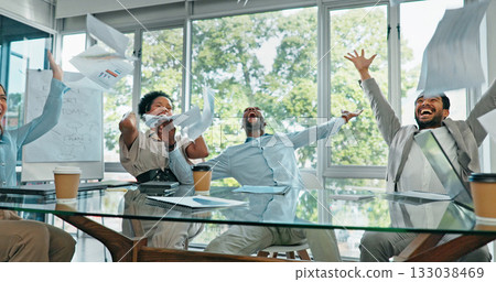 Teamwork, celebration and documents in air, meeting and success on deal, collaboration or happy staff. Office, goals and business people cheering with pride for winning achievement and paperwork Teamwork, celebration and documents in air, meeting and success on deal, collaboration or happy staff. Office, goals and business people cheering with pride for winning achievement and paperwork 133038469
