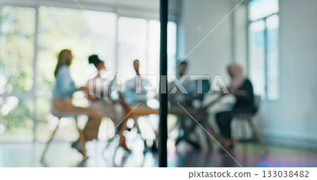 Blurred background, meeting for planning and a business team in the boardroom together for collaboration. Teamwork, management and growth with a professional employee group in a corporate office 133038482