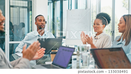 Meeting, clapping hands and business people in the office in discussion for legal case celebration. Teamwork, collaboration and group of attorneys working on law project in boardroom in the workplace 133038491