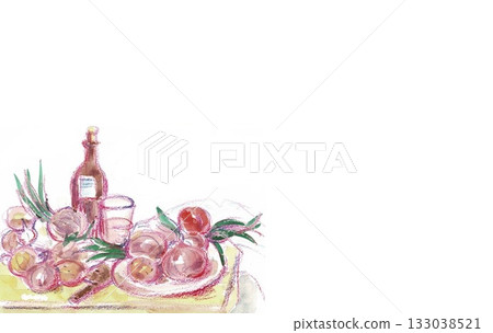 桌上擺放著蔬菜、水果和葡萄酒,白色背景,留有空白區域。 桌上擺放著蔬菜、水果和葡萄酒,白色背景,留有空白區域。 133038521