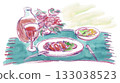 風景畫，包含食物和花朵－手繪插圖 133038523