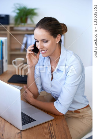 Phone call, happy woman and laptop in office for planning, consulting and communication. Female worker talking on smartphone at computer for networking, business administration and online management 133038553