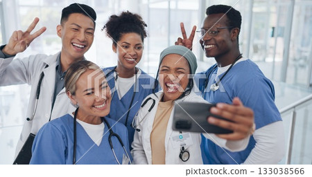 Doctors, nurses and group selfie in hospital with diversity, team building and healthcare in medicine. Photography, men and women together with smile, staff and medical professional friends at clinic 133038566