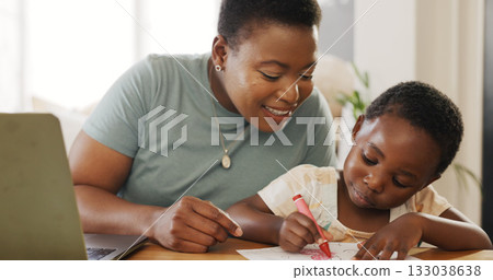 Studying, laptop and mother doing elearning with child for knowledge development at home. Education, online class and black woman helping boy kid with homework on computer in dining room at a house. 133038638