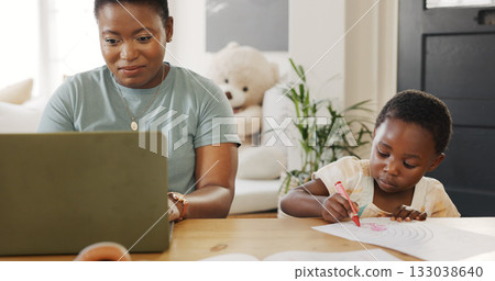 Education, laptop and mother doing elearning with kid for knowledge development at home. Technology, online class and black woman helping boy child with homework on computer in dining room at a house 133038640