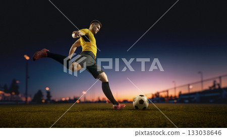 Soccer player powerful kick during night match at sunset. Handmade collage 133038646