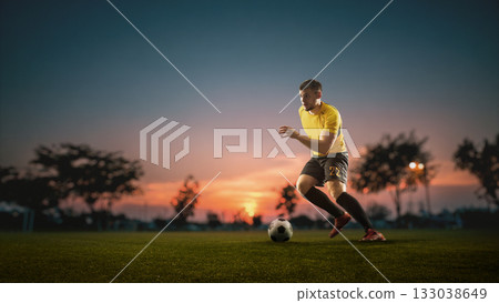 Soccer player dribbling ball at sunset on grass field. Handmade collage 133038649