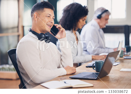 Business man, phone call and communication with networking, b2b and deal negotiation with laptop for research. Connectivity, male employee with smile and telecom in coworking workspace with contact Business man, phone call and communication with networking, b2b and deal negotiation with laptop for research. Connectivity, male employee with smile and telecom in coworking workspace with contact 133038672