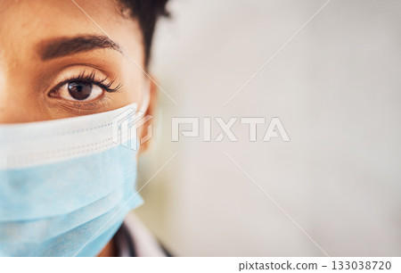 Mockup, closeup and portrait with black woman, mask and protection against illness, virus and sickness. Face cover, African American female and lady with safety, healthcare and medical regulations 133038720