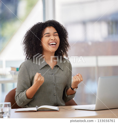Success, laptop and black woman celebrating in office, happy and excited for bonus target. Good news, email and corporate girl with winning results, achievement or project goal and victory in startup Success, laptop and black woman celebrating in office, happy and excited for bonus target. Good news, email and corporate girl with winning results, achievement or project goal and victory in startup 133038761