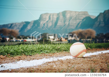 Sports mockup, baseball field and ball on ground ready for game, practice and competition outdoors. Fitness, copy space and softball equipment on chalk for exercise, training and workout in match Sports mockup, baseball field and ball on ground ready for game, practice and competition outdoors. Fitness, copy space and softball equipment on chalk for exercise, training and workout in match 133038764