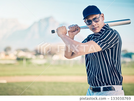Baseball player, man with bat and sports outdoor with athlete, exercise and professional, ready to hit and mockup. Playing game, fitness and pitch with active lifestyle, training and focus in Cuba Baseball player, man with bat and sports outdoor with athlete, exercise and professional, ready to hit and mockup. Playing game, fitness and pitch with active lifestyle, training and focus in Cuba 133038769