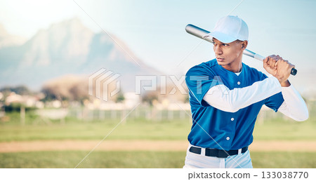 Sports, baseball and man with bat in action ready to hit ball in game, practice and competition on field. Fitness, sport mockup and serious male athlete outdoors for training and workout for match Sports, baseball and man with bat in action ready to hit ball in game, practice and competition on field. Fitness, sport mockup and serious male athlete outdoors for training and workout for match 133038770