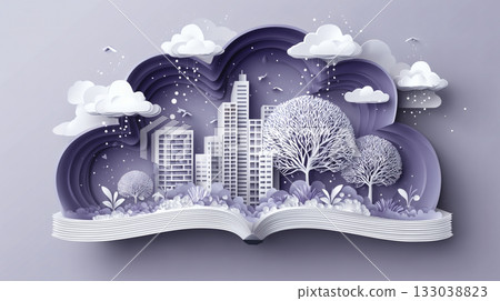 Cartoon-style blue city night view 133038823