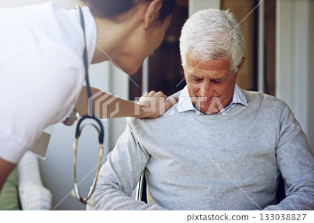 Nurse comfort depressed senior man for support, healthcare and counselling in retirement home. Sad, old and elderly patient with caregiver, crying and empathy for depression, lonely problem and worry 133038827
