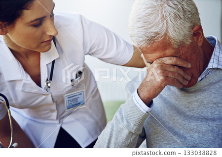 Doctor help sad senior man for support, healthcare and counselling in retirement home. Depressed, old and elderly patient with nurse, crying and empathy for depression, psychology problem and anxiety Doctor help sad senior man for support, healthcare and counselling in retirement home. Depressed, old and elderly patient with nurse, crying and empathy for depression, psychology problem and anxiety 133038828