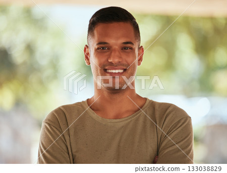 Happy, confident and portrait of a handsome man in nature for fitness, exercise and workout. Motivation, happiness and face of an athlete with confidence, smile and positivity about sport training Happy, confident and portrait of a handsome man in nature for fitness, exercise and workout. Motivation, happiness and face of an athlete with confidence, smile and positivity about sport training 133038829