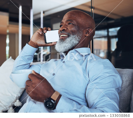 Coffee, relax and black man on a phone call for communication, networking and planning. Happy, conversation and mature businessman with a mockup mobile for talking, discussion and happy with tea Coffee, relax and black man on a phone call for communication, networking and planning. Happy, conversation and mature businessman with a mockup mobile for talking, discussion and happy with tea 133038868
