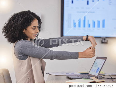 Corporate black woman, table or stretching arms at meeting for finance, budget or accounting presentation. Girl, business health and happy with exercise for stretch fingers, muscle or healthy mindset Corporate black woman, table or stretching arms at meeting for finance, budget or accounting presentation. Girl, business health and happy with exercise for stretch fingers, muscle or healthy mindset 133038897