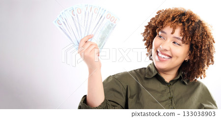 Finance, money and winner with savings with black woman for investment, success or growth. Cash, dollar and wealth with girl customer isolated on white background for financial, deal or promotion Finance, money and winner with savings with black woman for investment, success or growth. Cash, dollar and wealth with girl customer isolated on white background for financial, deal or promotion 133038903