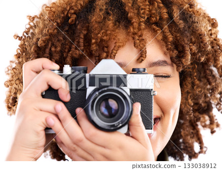 Digital camera, black woman and photography young person taking picture in a studio. Isolated, white background and photographer shooting with a female feeling happiness with a smile from creativity 133038912
