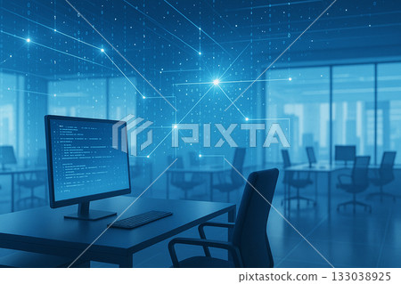 圖片背景展現了資訊和通訊在辦公空間中的滲透。安全 133038925