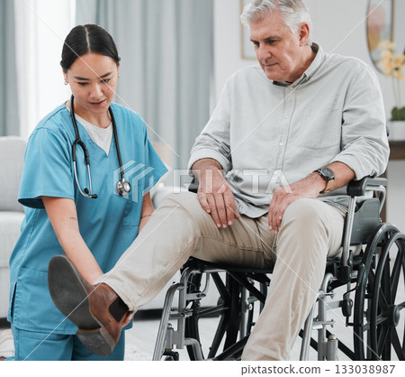 Wheelchair help, nursing home and man with injury or disability with nurse support. Wellness, healthcare and retirement of a elderly person with foot pain from a medical problem with caregiver Wheelchair help, nursing home and man with injury or disability with nurse support. Wellness, healthcare and retirement of a elderly person with foot pain from a medical problem with caregiver 133038987