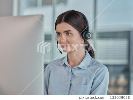 Call center, contact us and woman with a computer for communication, telemarketing and online advice. Business, receptionist and customer service agent in web assistance, operation and helpline Call center, contact us and woman with a computer for communication, telemarketing and online advice. Business, receptionist and customer service agent in web assistance, operation and helpline 133039028