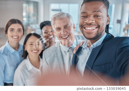 Work, selfie and portrait of team in office, happy and smile while bonding in team building. Face, diversity and about us photo for social media, website or homepage update by happy employees united 133039045