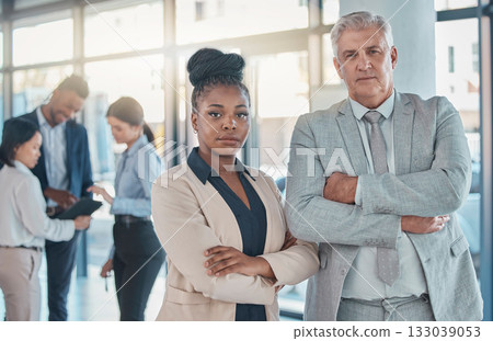Serious, business people and portrait with arms crossed in leadership meeting, collaboration or teamwork at office. Confident corporate executive leaders standing in company management at workplace 133039053