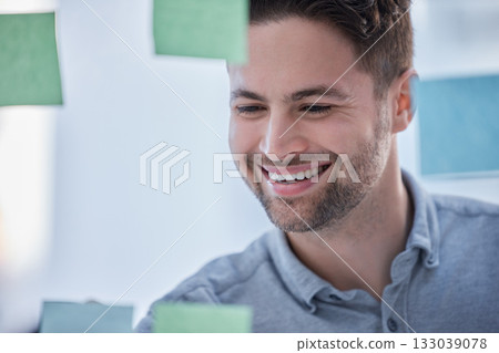 Creative man, writing and smile for schedule planning on glass board for brainstorming tasks at office. Happy male face smiling in project plan, write or sticky note for company strategy or startup Creative man, writing and smile for schedule planning on glass board for brainstorming tasks at office. Happy male face smiling in project plan, write or sticky note for company strategy or startup 133039078
