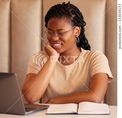 Laptop, studying student or black woman reading college email, university application or remote online education. Planning, e learning and gen z person on computer at restaurant for internet research 133039153