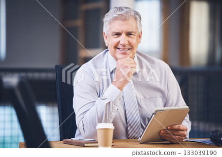 Elderly, business man and tablet in portrait with smile, analysis or planning at desk for networking. Senior stock broker, fintech and ceo with mobile touchscreen for vision, market strategy or email Elderly, business man and tablet in portrait with smile, analysis or planning at desk for networking. Senior stock broker, fintech and ceo with mobile touchscreen for vision, market strategy or email 133039190