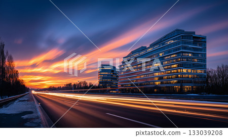 夕陽下玻璃建築前的車流 133039208