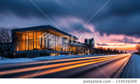 夕陽下玻璃建築前的車流 133039209