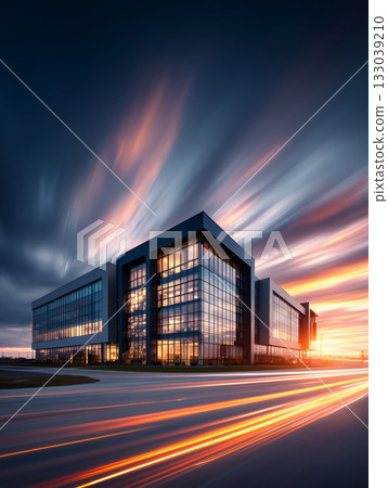 夕陽下玻璃建築前的車流 133039210