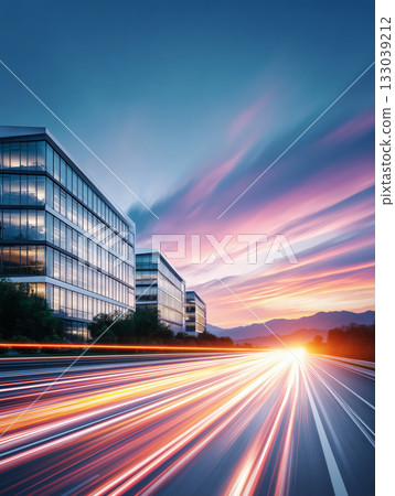 夕陽下玻璃建築前的車流 夕陽下玻璃建築前的車流 133039212