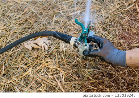 Sprinkler system installation in garden during late afternoon hours Sprinkler system installation in garden during late afternoon hours 133039245