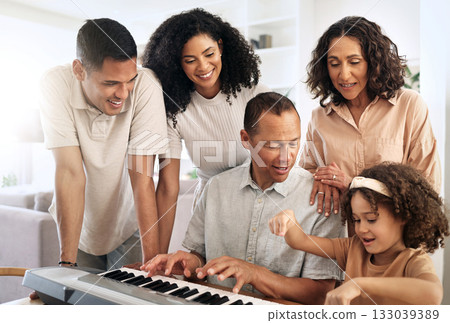 Family, keyboard piano and play music with grandparents, parents and child with people bond at home. Happiness, relationship and generations, teaching and learning, creativity and musical instrument 133039389