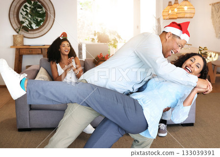 Christmas dance of a happy senior family for celebration, joy and retirement lifestyle together at home. Excited, fun and playful grandparents or mature people dancing for thanksgiving holiday 133039391