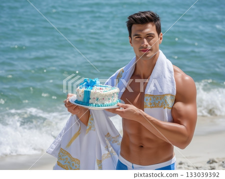 man on a beach with birthday cake 133039392
