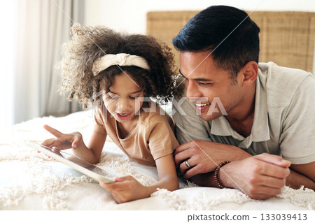 Child learning, tablet and father teaching for online development, home education and relax on bed. Dad or black man with kid on digital app technology for internet game, helping and bonding together 133039413