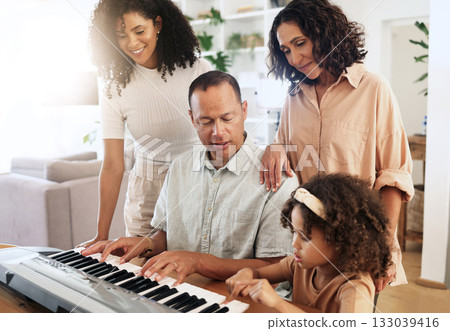 Family, keyboard piano and playing music with grandparents, mother and child with people bonding. Happiness, relationship and generations, teaching and learning, creativity and musical instrument Family, keyboard piano and playing music with grandparents, mother and child with people bonding. Happiness, relationship and generations, teaching and learning, creativity and musical instrument 133039416