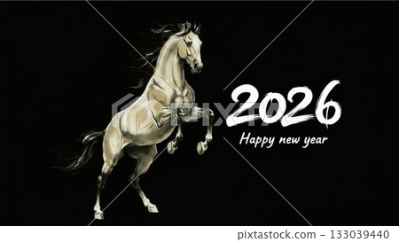 2026 New Year's card featuring a white horse and calligraphy on a black background. A modern Japanese design that exudes luxury and strength. 2026 New Year's card featuring a white horse and calligraphy on a black background. A modern Japanese design that exudes luxury and strength. 133039440