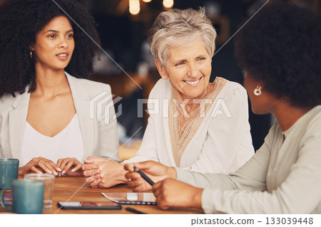 Happy business women, coffee shop and meeting for strategy, collaboration and diversity in team. Senior executive, black woman and cafe discussion with ideas, teamwork and solidarity for company goal 133039448