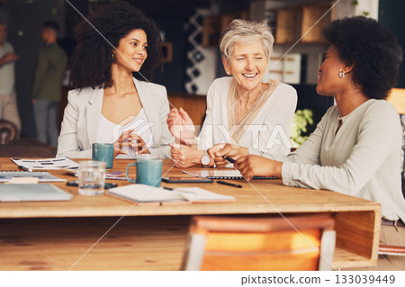 Business women, cafe and meeting for strategy, proposal and collaboration with diversity. Senior executive, black woman and coffee shop discussion with ideas, teamwork and solidarity for company goal 133039449